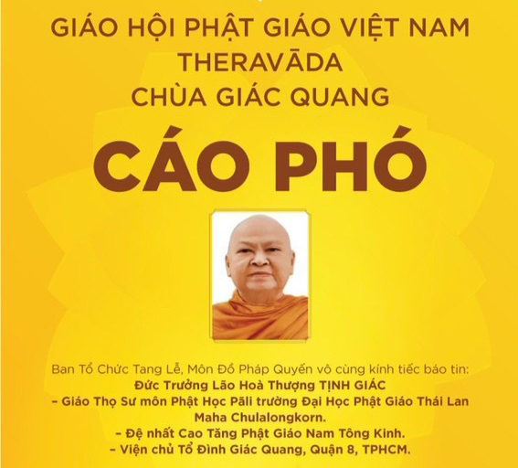 TP.HCM: Cáo phó Trưởng lão Hòa thượng Visuddhasāramahāthero Tịnh Giác tân viên tịch