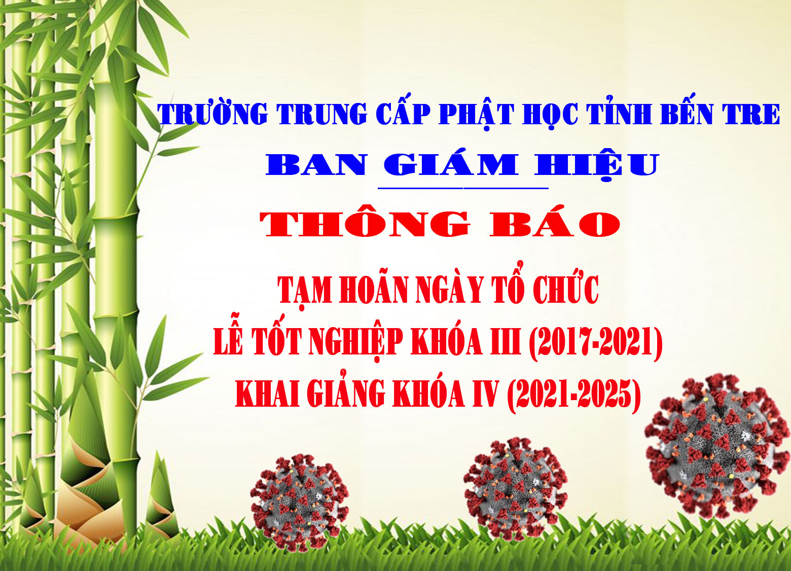 Bến Tre: Trường TCPH tỉnh thông báo - Tạm hoãn ngày tổ chức Lễ Tốt nghiệp khóa III (2017-2021)