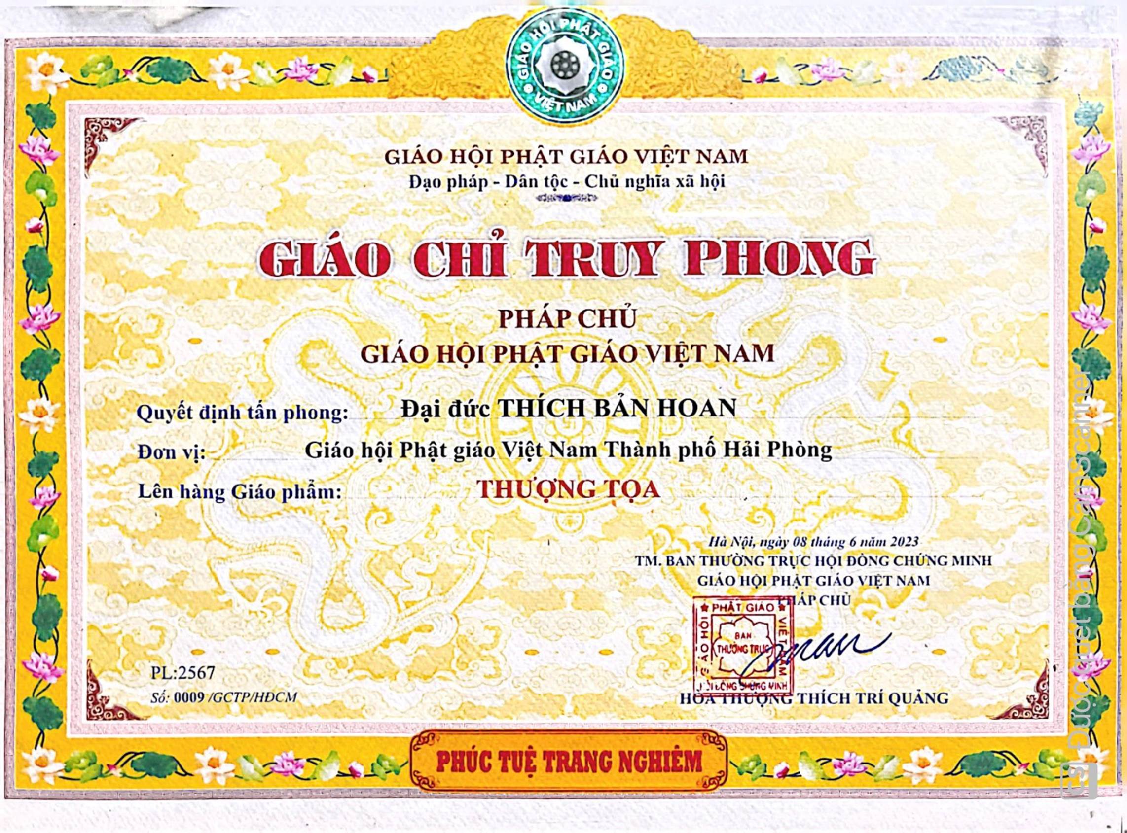 Giáo hội Phật giáo Việt Nam truy phong Giáo phẩm Thượng tọa đối với Đại đức Thích Bản Hoan